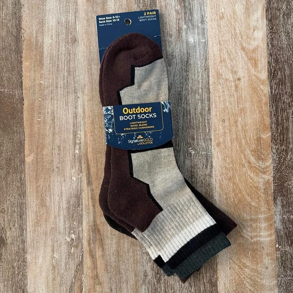Signature by Goldtoe Outdoor Boot Socks Men's 2 Pack Lightweight Brown Hiking